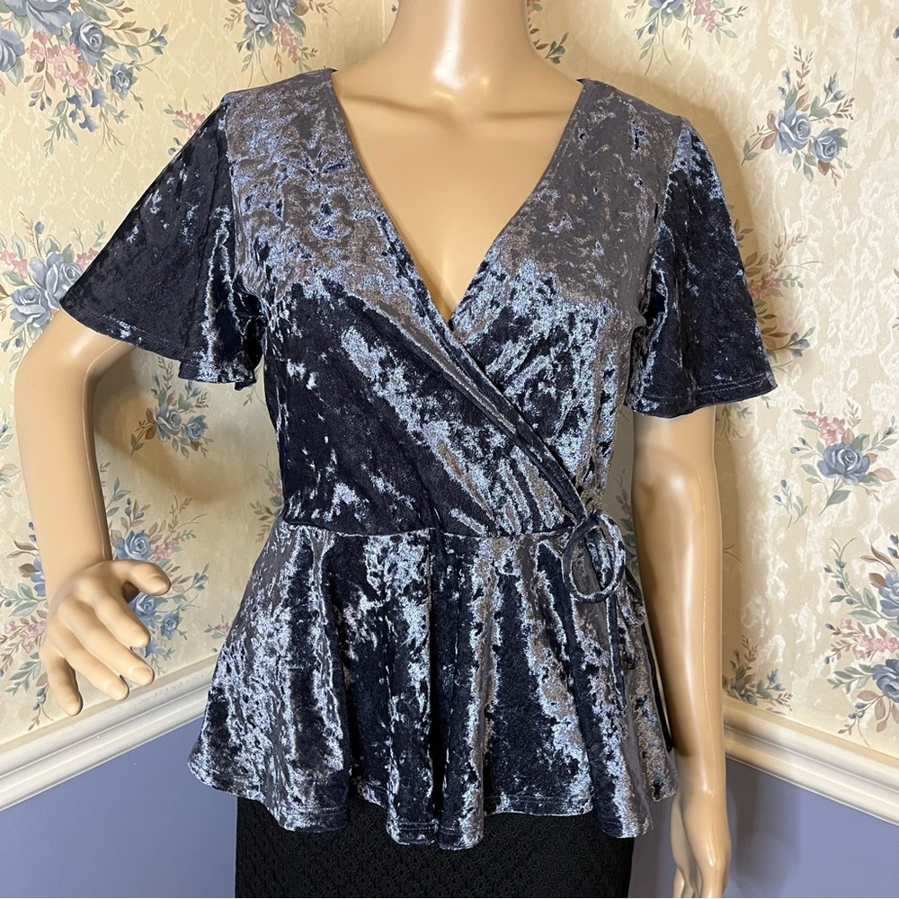 One Clothing Blue Crushed Velvet Peplum Top Size S